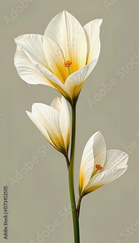 Three White Crocus Flowers Against Muted Gray Background: Delicate Petals and Yellow Centers. A digital painting of three white flowers on a gray background.
