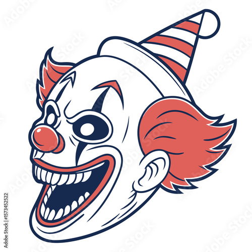 A stylized illustration of a creepy clown with a wide grin sharp teeth red hair a red nose and a striped party hat conveying a sense of unease and horror