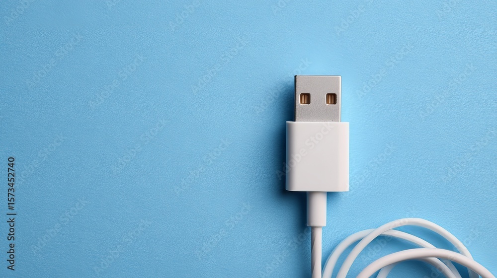 Fototapeta premium Flat lay of USB charger on soft blue background with space reserved for text