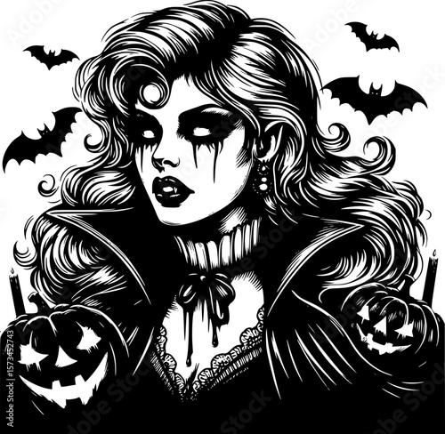 black and white halloween style art of a spooky vampire character perfect for kids fun and scary halloween design