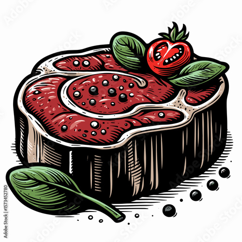 Raw steak with tomato and herbs