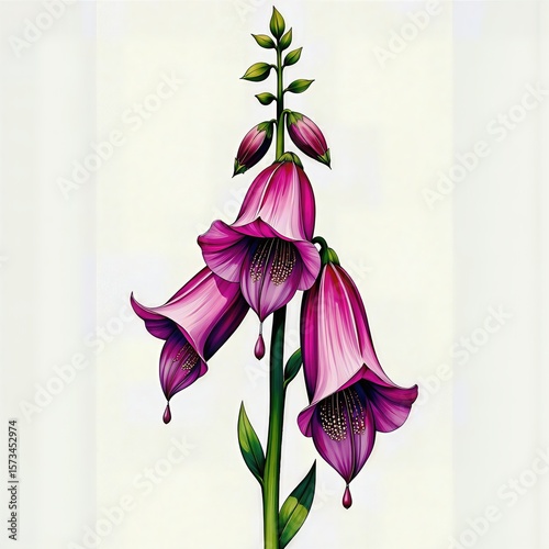 Enchanting foxglove bloom showcases vivid purple petals and delicate details against a clean, neutral backdrop.