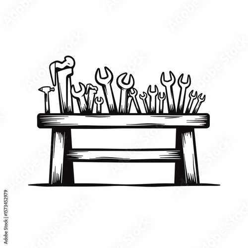 Tool bench set with various tools in a black and white illustration  