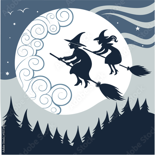 Two witches in silhouette flying on broomsticks across a large full moon with stylized clouds and a dark forest below under a starry night sky