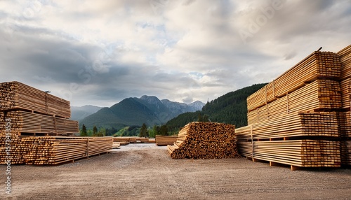 stacks of lumber at outdoor timber yard on cloudy day with mountains in background