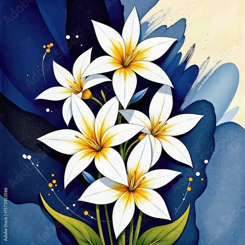 Elegant white lilies with golden centers bloom against a deep blue watercolor background, radiating artistic charm.