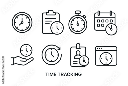 Time tracking icons set with clock, calendar, and stopwatch symbols. Vector illustration in modern thin line style – stock vector