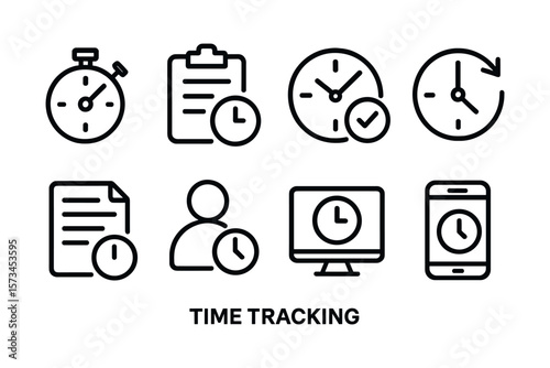 Time tracking icons: stopwatch, clock, checklist, mobile, person, document, computer. Vector illustration in modern thin line style – stock vector