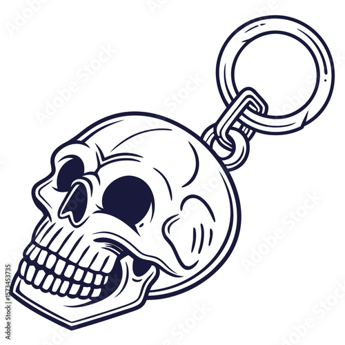 A detailed outline illustration of a human skull keychain with a ring attached presented on a clean white background