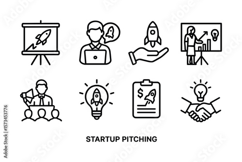 Startup pitching icons: presentation, idea, growth, teamwork. Vector illustration in modern thin line style – stock vector