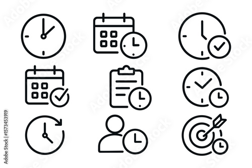 Time management icons: clocks, calendars, targets, and checkmarks. Vector illustration in modern thin line style – stock vector