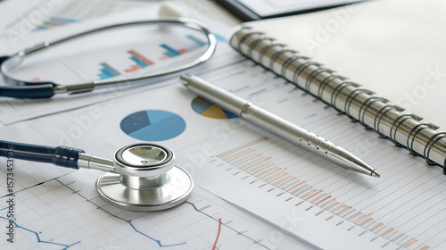 Medical Finance Stethoscope, Pen, and Financial Charts