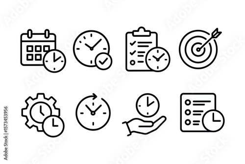 Time management icons: calendar, clock, checklist, target, gear, stopwatch, hand, task list. Vector illustration in modern thin line style – stock vector