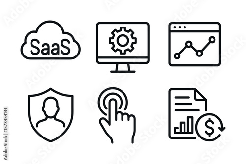 Various technology icons including saas cloud and data analytics. Vector illustration in modern thin line style – stock vector
