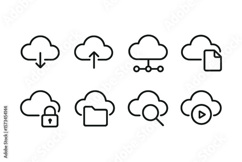 Cloud storage icons for synchronization and file management. Vector illustration in modern thin line style – stock vector