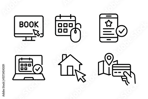 Online booking and reservation icons: computer, calendar, smartphone, laptop, house, map, credit card. Vector illustration in modern thin line style – stock vector