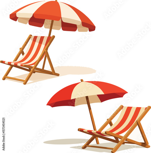 Vector Illustration of Wooden Beach Chairs with Red and White Umbrellas

