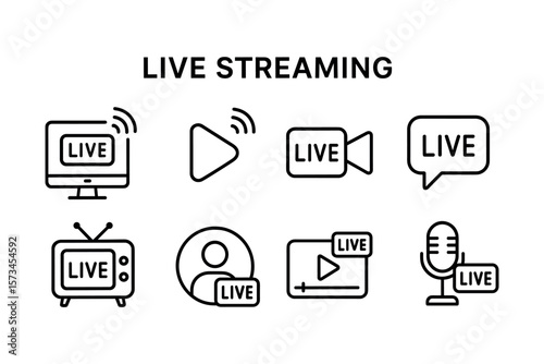 Live streaming icons set featuring microphone camera and play button symbols. Vector illustration in modern thin line style – stock vector