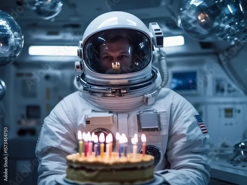 Celebration of an astronaut's birthday in space with a cake and candles