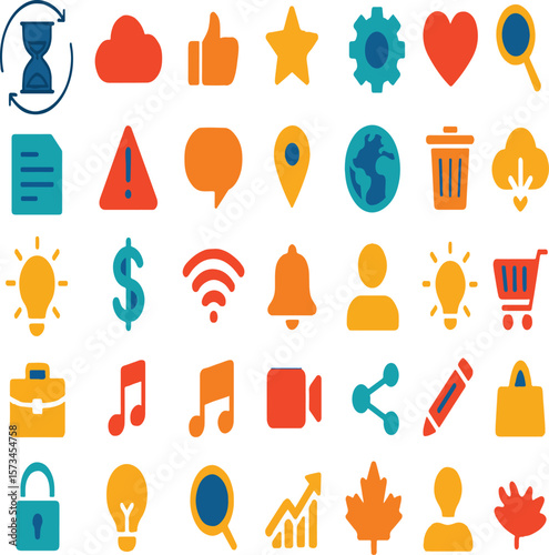 Colourful Flat User Interface Icon Set — Web, Business & Multimedia Symbols

