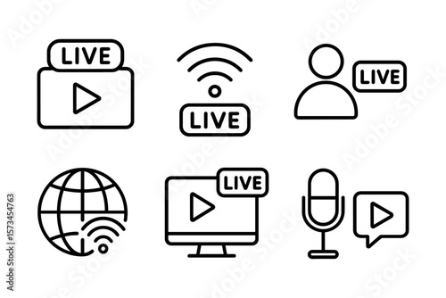 Live streaming icons: play buttons, microphone, and online connectivity symbols. Vector illustration in modern thin line style – stock vector