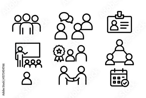 Set of business and networking icons representing teamwork, communication, and planning. Vector illustration in modern thin line style – stock vector