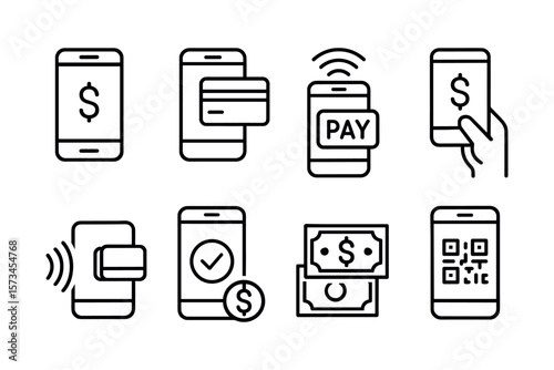 Set of mobile payment icons: contactless, qr code, and digital transactions. Vector illustration in modern thin line style – stock vector