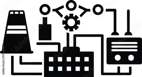Photo of an industrial process is depicted with factory elements, gears, and control panels