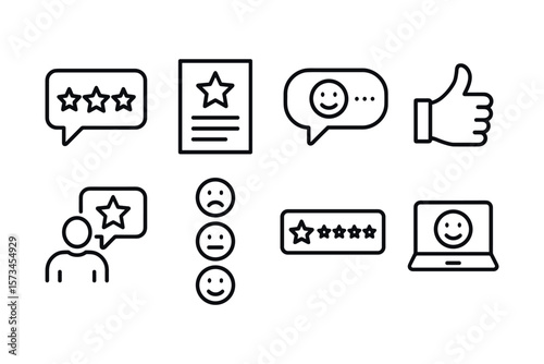 Customer feedback icons: star ratings, smiley faces, and thumbs up symbols. Vector illustration in modern thin line style – stock vector