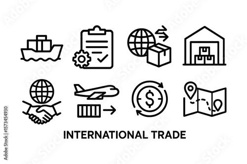 Icons representing international trade logistics and global commerce. Vector illustration in modern thin line style – stock vector