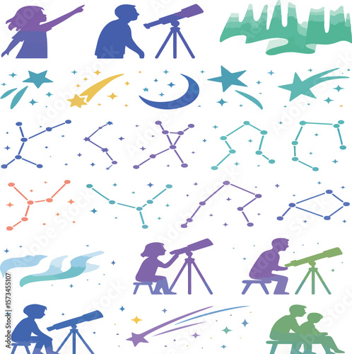 Colourful Astronomy and Stargazing Icon Set — Silhouettes, Telescopes, Constellations, Stars

