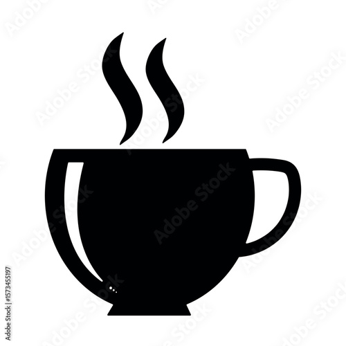 Black silhouette of a steaming coffee cup and saucer isolated on white background.