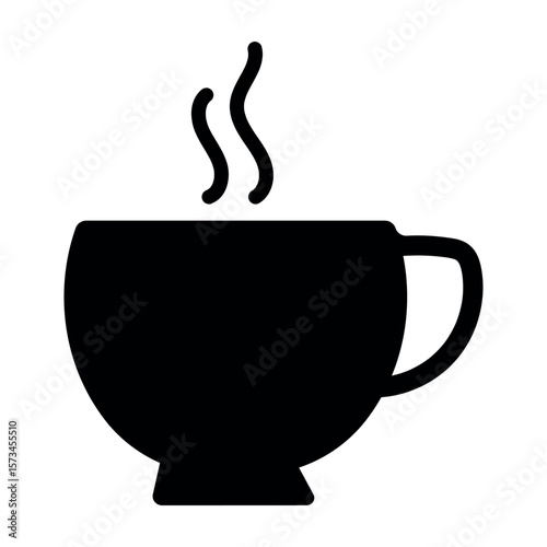 Black silhouette of a steaming coffee cup and saucer isolated on white background.