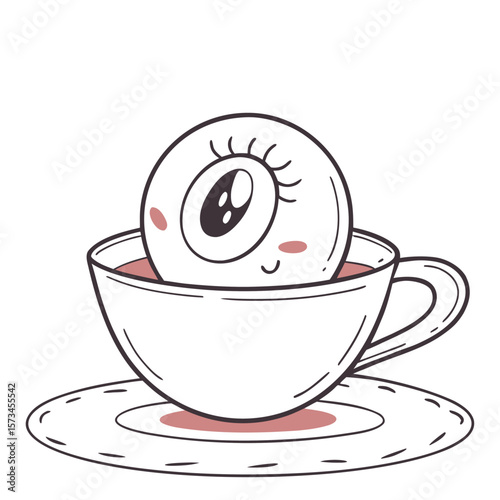 A whimsical cartoon eyeball with a happy expression and blushing cheeks sits inside a white teacup filled with pink liquid resting on a matching saucer isolated on a white background