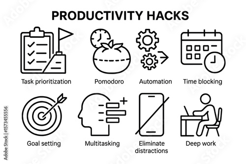 Productivity hacks overview with task prioritization and time management. Vector illustration in modern thin line style – stock vector