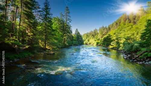 serene river flows through lush green landscape surrounded by rolling hills and mountains clear blue sky scene evokes tranquility and natural