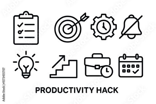 Productivity hack icons: checklist, goal target, efficiency tools, time management. Vector illustration in modern thin line style – stock vector