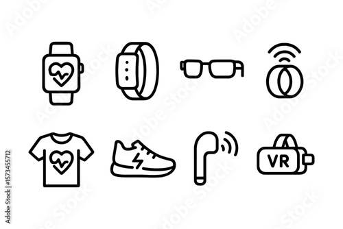 Smart wearable icons: watches, glasses, rings, shirt, sneakers, earbuds, vr headset. Vector illustration in modern thin line style – stock vector