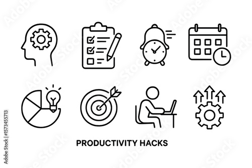 Productivity tips: time management and goal setting icons. Vector illustration in modern thin line style – stock vector