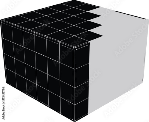 Photo of a wireframe 3d cube with a grid pattern on a white background