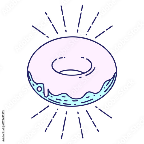 illustration of a traditional tattoo style iced donut in bright neon color