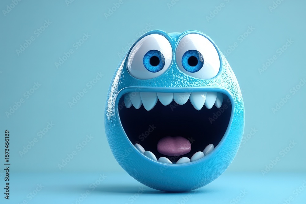 Fototapeta premium Cute glossy blue cartoon face radiating joy and excitement with wide open mouth
