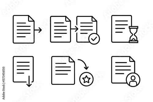 Document management icons: file transfer, approval, download, rating, user profile. Vector illustration in modern thin line style – stock vector