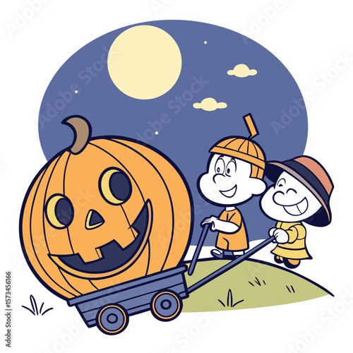 Two happy cartoon children wearing hats pull a large carved jack o lantern in a wagon across a grassy hill under a full moon at night
