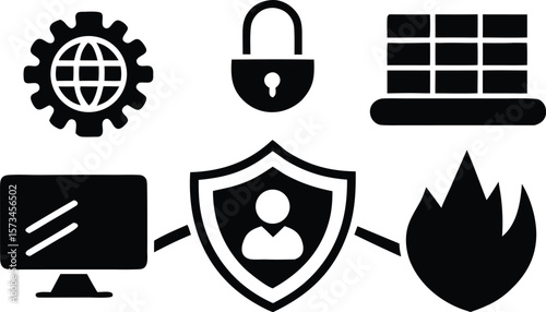 Photo of network security icons showing protection against threats with a firewall, shield, and lock