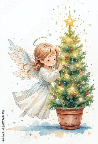 Cute baby angel girl with white wings holding a potted Christmas tree decorated with christmas balls and a star. Watercolor holiday illustration for Christmas greeting card