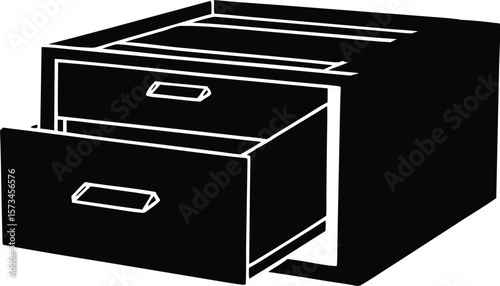 Photo of a black and white illustration of a twodrawer cabinet with one drawer pulled out