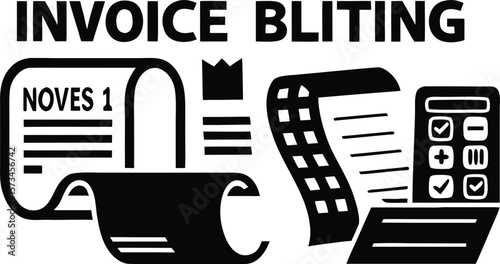 Photo of black and white illustration of invoice billing with a calculator and documents