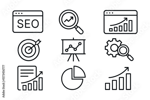 Icons representing seo and data analytics concepts. Vector illustration in modern thin line style – stock vector