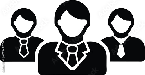 Photo of a minimalist black and white icon representing a group of three professionals in suits